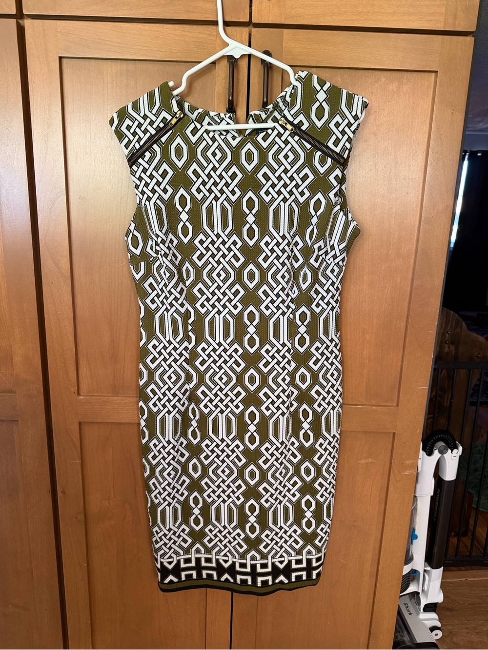 karin stevens Olive Green and White Geometric Midi Sheath Dress